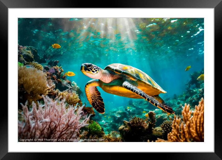Single turtle glides effortlessly through a beauti Framed Mounted Print by Phill Thornton
