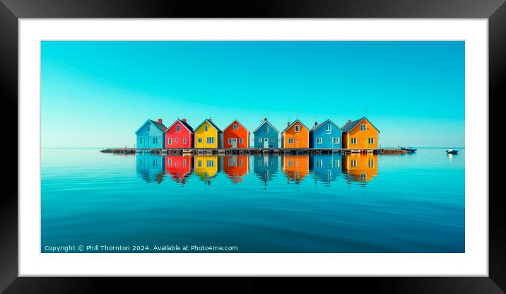 Tranquil seascape featuring a floating island of colourful house Framed Mounted Print by Phill Thornton