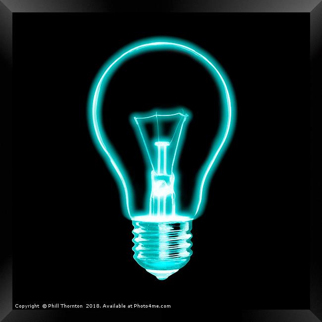 Outline of glowing electric light blue Light bulb, Framed Print by Phill Thornton