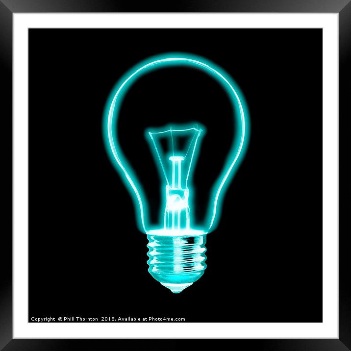 Outline of glowing electric light blue Light bulb, Framed Mounted Print by Phill Thornton