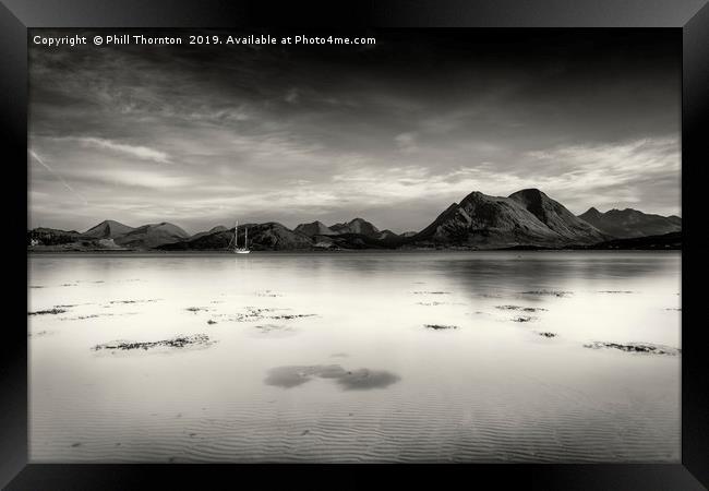 A very still Sound of Raasay and mountains B&W Framed Print by Phill Thornton