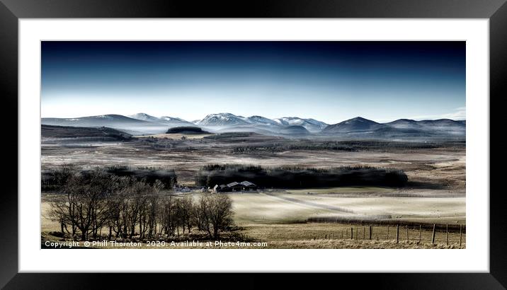 The misty Cairngorm Mountains from the Snow Road Framed Mounted Print by Phill Thornton