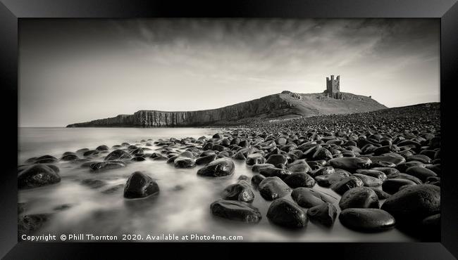 Dunstanburgh Castle B&W. Framed Print by Phill Thornton