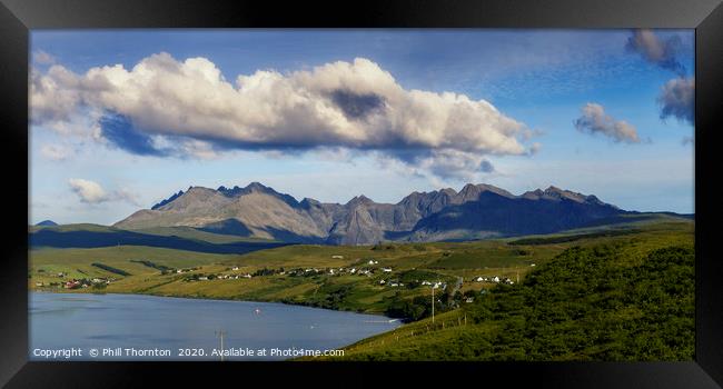 Panoramic view of the Black Cuillin Ridge. Framed Print by Phill Thornton