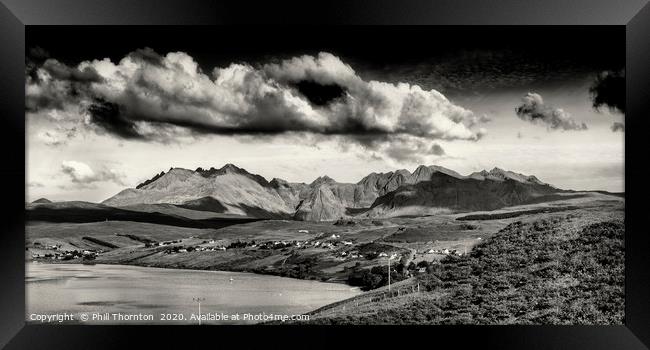 Panoramic view of the Black Cuillin Ridge. Framed Print by Phill Thornton