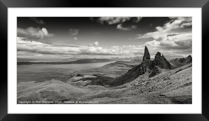 Panoramic view of the Old Man of Storr. B&W. Framed Mounted Print by Phill Thornton