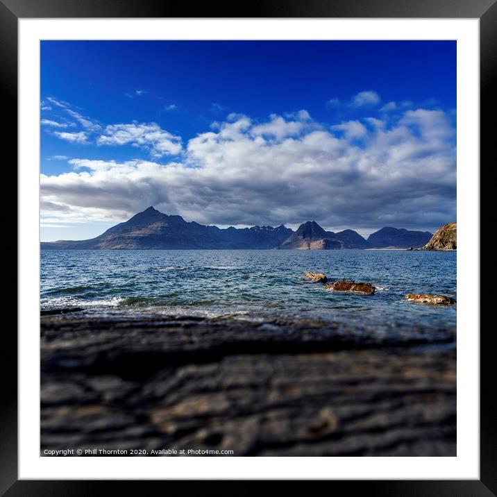 Black Cuillins and blue skies from Elgol Framed Mounted Print by Phill Thornton
