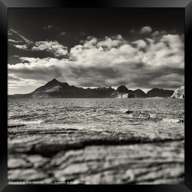 Black Cuillins and blue seas from Elgol Beach. B&W Framed Print by Phill Thornton