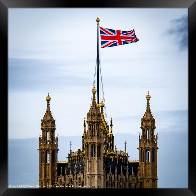 Union Flag over Parliament Framed Print by Simon Belcher