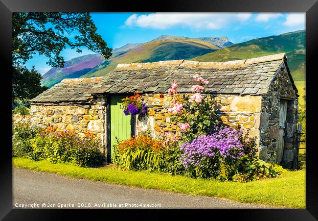 Flowers and stone hut with Blencathra behind Framed Print by Jon Sparks