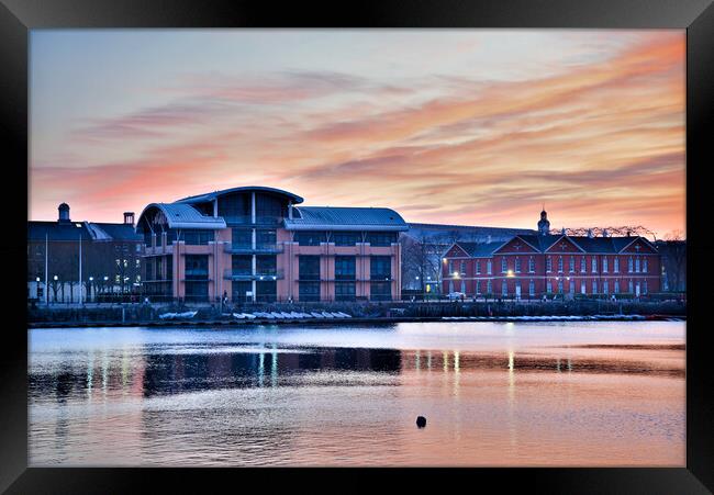 Winter sunset over Bose headquaters uk and Quayside house St Mar Framed Print by stuart bingham