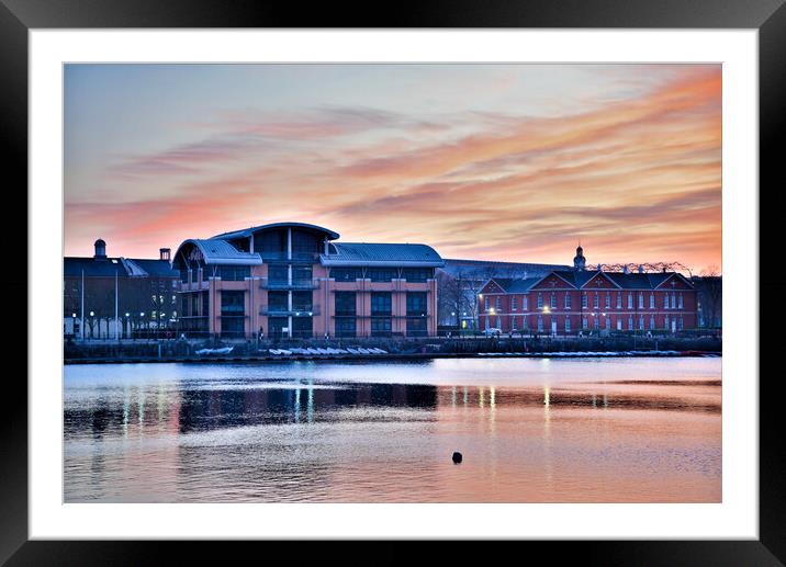 Winter sunset over Bose headquaters uk and Quayside house St Mar Framed Mounted Print by stuart bingham