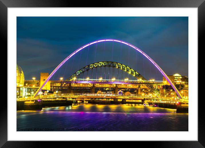 Newcastle Bridges At Night  Framed Mounted Print by Paul Gibson