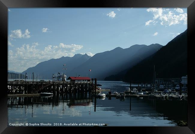 Mountains and sunlight, Horseshoe Bay ferry port,  Framed Print by Sophie Shoults