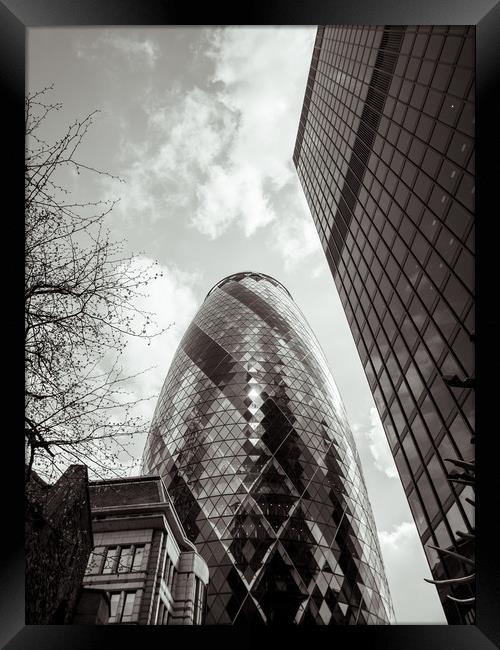 Low angle view of the Gherkin and City of London Framed Print by Sophie Shoults
