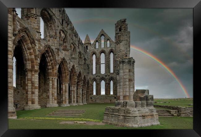 Whitby Abbey with rainbow Framed Print by Tony Swain