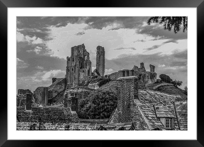 Corfe Castle over the rooftops of the village. Framed Mounted Print by Ian Stone
