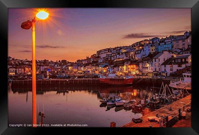 Brixham Harbour at night  Framed Print by Ian Stone