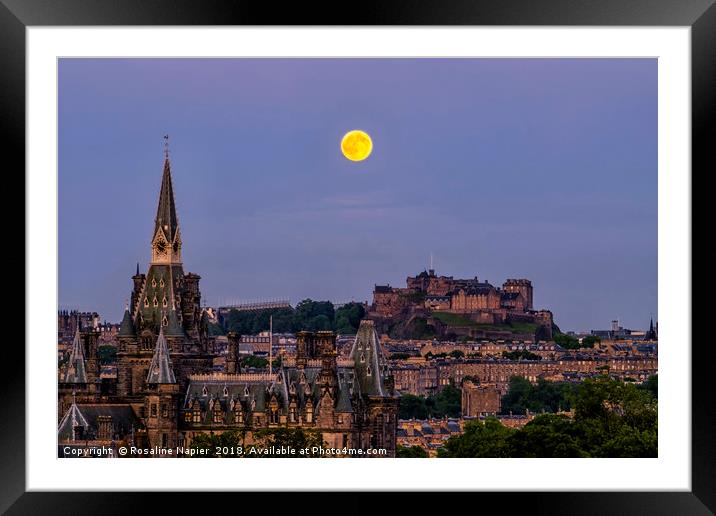 Strawberry moon over Edinburgh Castle Framed Mounted Print by Rosaline Napier