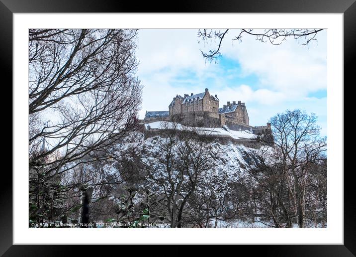 Edinburgh Castle in snow Framed Mounted Print by Rosaline Napier