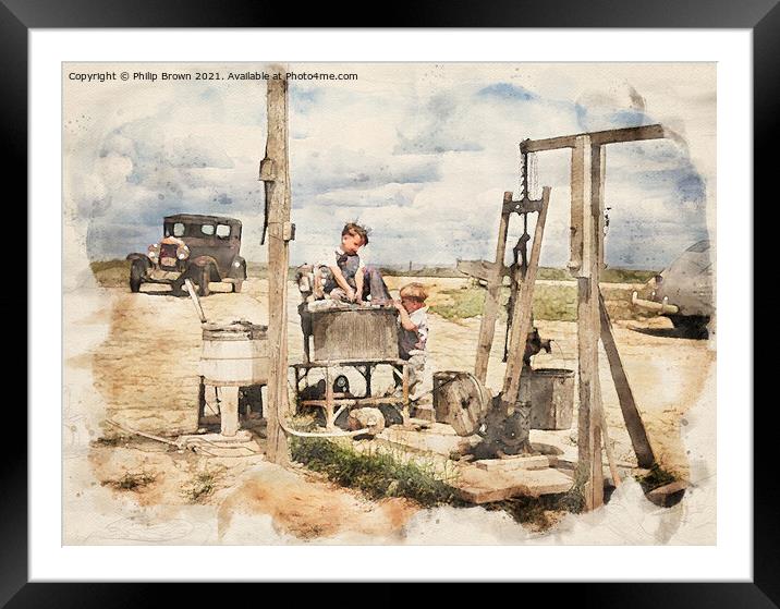 Children playing around old water pump in 1941 USA Framed Mounted Print by Philip Brown