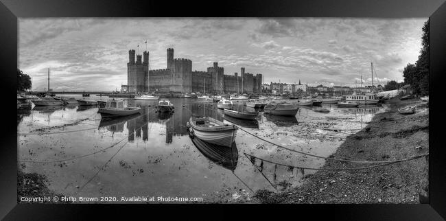Caernarfon Castle and Harbour - B&W Panorama Framed Print by Philip Brown