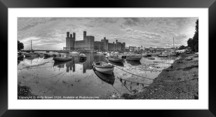 Caernarfon Castle and Harbour - B&W Panorama Framed Mounted Print by Philip Brown