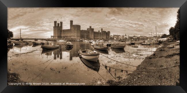 Caernarfon Castle and Harbour - Sepia Panorama Framed Print by Philip Brown