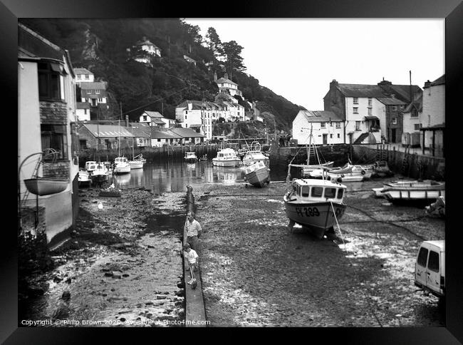 Polperro in Cornwall, around 1988 - B&W Framed Print by Philip Brown