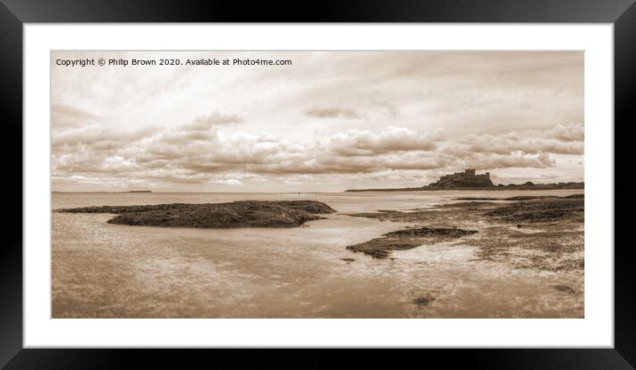 Bamburgh Castle from the Beach, Sepia Panorama Framed Mounted Print by Philip Brown