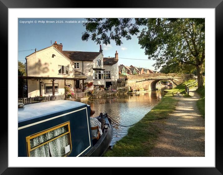 Narrowboat and Pub on Canal in Gnosall, Staffordsh Framed Mounted Print by Philip Brown