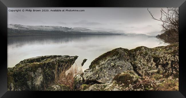 Misty Lake over rocks in Wales, Panorama Framed Print by Philip Brown
