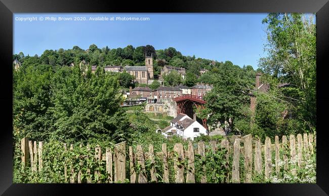 Over the old Fence to Ironbridge Village, Panorama  Framed Print by Philip Brown