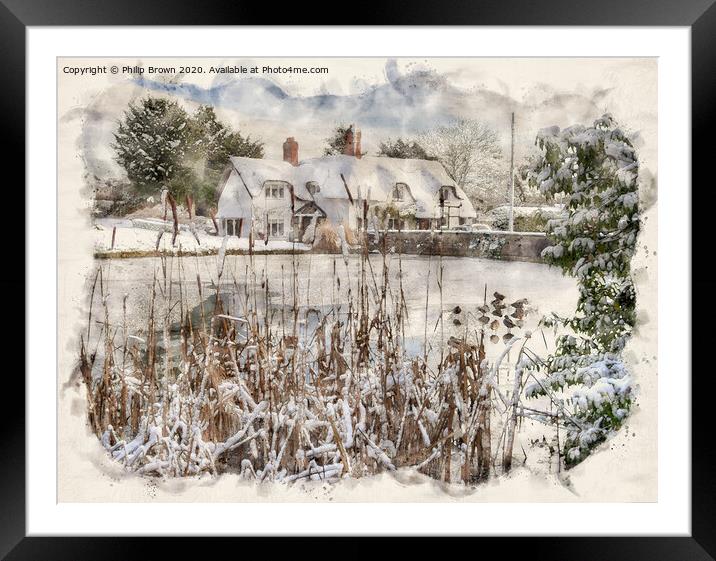 The Old English Cottage in Winters Snow, Watercolo Framed Mounted Print by Philip Brown