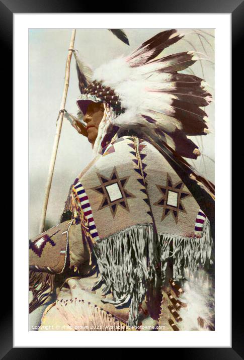 1899 Tribal Chief with Headdress, Restored & Color Framed Mounted Print by Philip Brown
