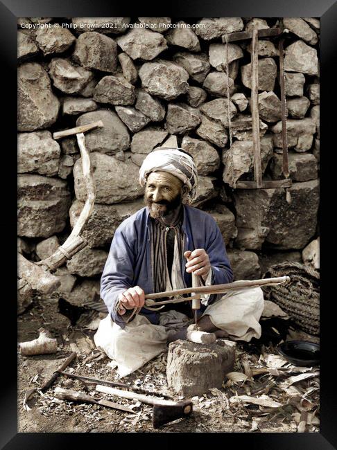 Village Carpenter. making plows from 1898 to 1919 Restored & Colorized Framed Print by Philip Brown