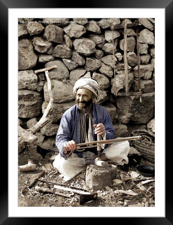 Village Carpenter. making plows from 1898 to 1919 Restored & Colorized Framed Mounted Print by Philip Brown