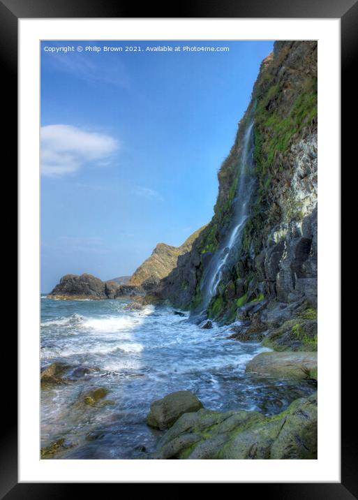 The Waterfall cascades into the sea at Tresaith, S Framed Mounted Print by Philip Brown