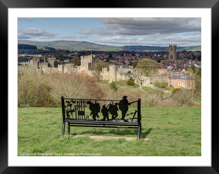 Overlooking The lovely town of Ludlow in Shropshire through a World war 1 monument bench - Landscape Framed Mounted Print by Philip Brown