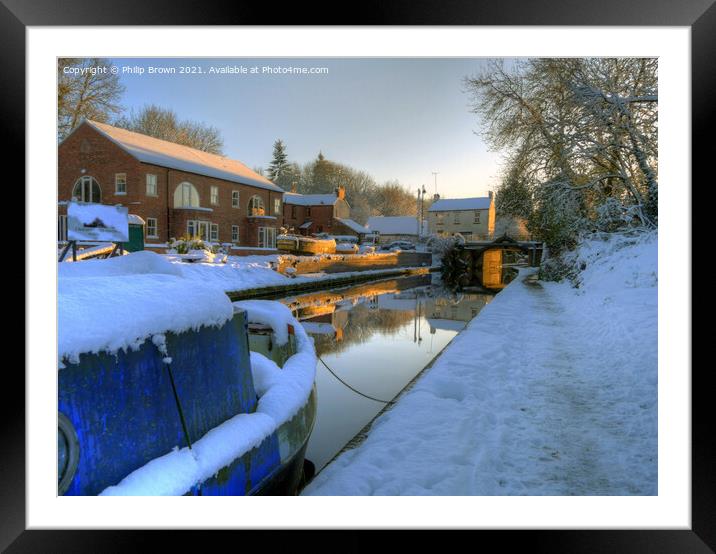 Narrowboat on Canal, in Winters Snow  Framed Mounted Print by Philip Brown