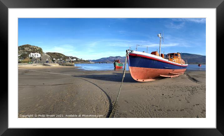 Boats on Beach and mountains, Barmouth, Wales Framed Mounted Print by Philip Brown