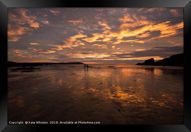 Fiery Sunset At Trevone Bay Framed Print by Kate Whiston