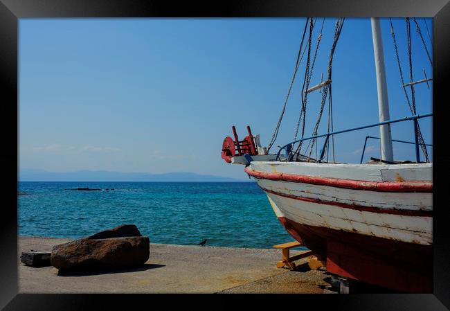 Old Fishing Boat in Aegina Harbour Framed Print by Cassi Moghan