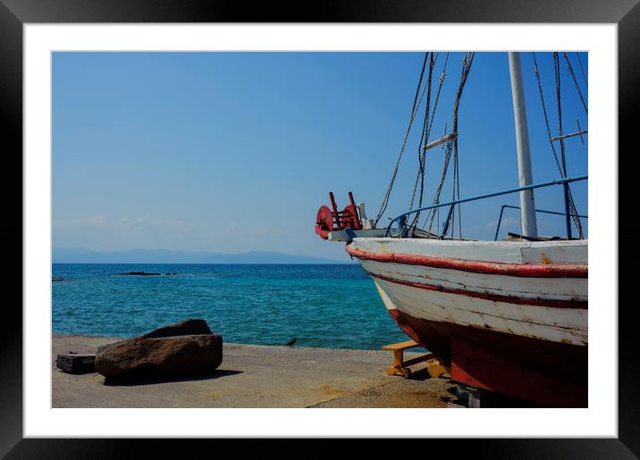 Old Fishing Boat in Aegina Harbour Framed Mounted Print by Cassi Moghan