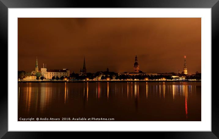 Panoramic view of Riga Old Town before sunrise Framed Mounted Print by Andis Atvars