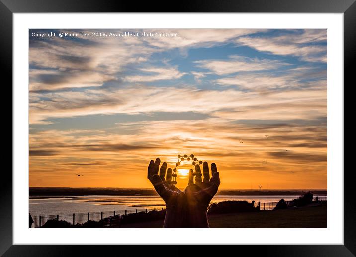 Sunset at Hands and Molecules sculpture Framed Mounted Print by Robin Lee