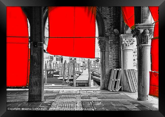 Venice,  Rialto fish market with red curtains Framed Print by Luisa Vallon Fumi