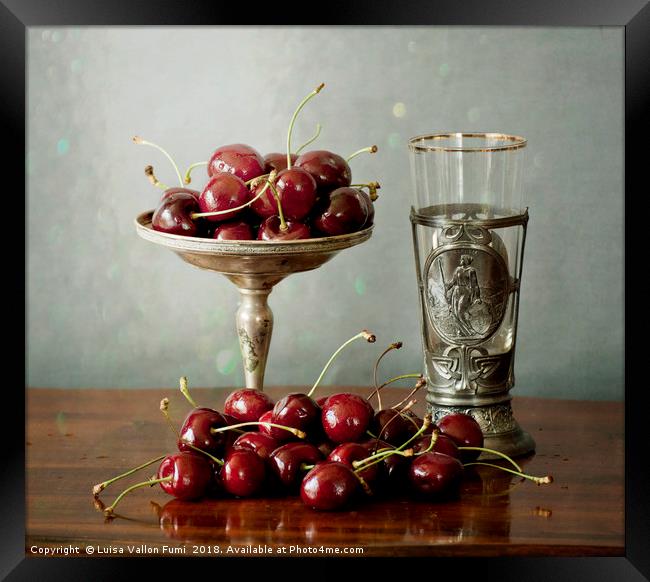 Still life, red cherries on a silver plate and an  Framed Print by Luisa Vallon Fumi