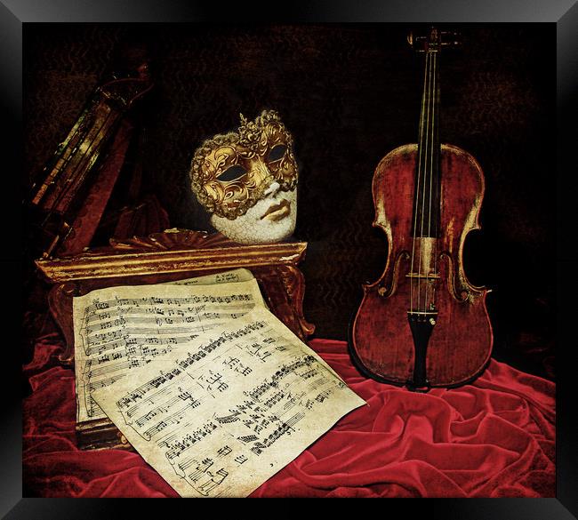 Venice in still life: Venetian mask, violin and mu Framed Print by Luisa Vallon Fumi