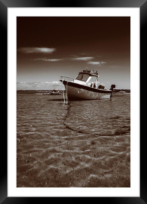 White boat on sand in sepia Framed Mounted Print by youri Mahieu